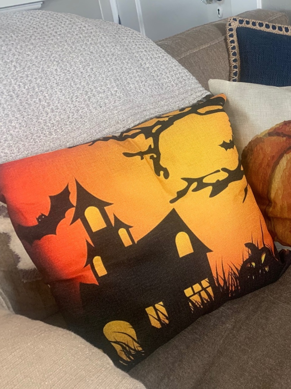 Spooky Halloween Haunted House Pillow Cover 18x18 – Soft Canvas Linen